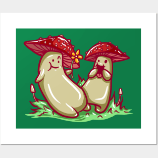 Mushroom Date Cartoon Cute Character Illustrated Cottagecore Posters and Art